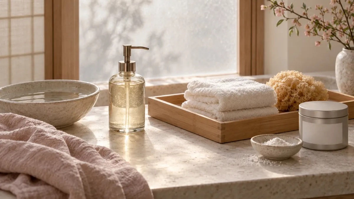 Glass soap bottle, folded white towels, natural sponge and a bowl of water on a stone counter