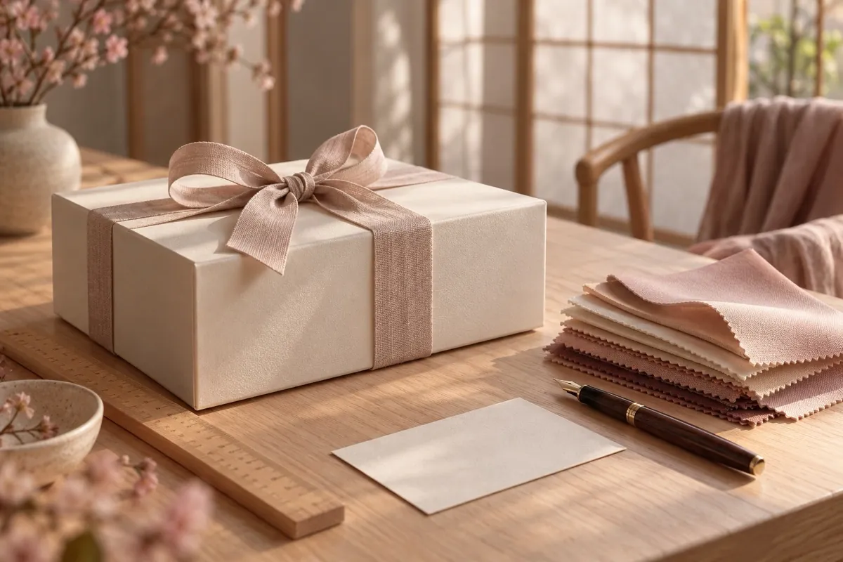 Cream gift box with linen ribbon, skin-tone swatches, a ruler and a fountain pen on oak