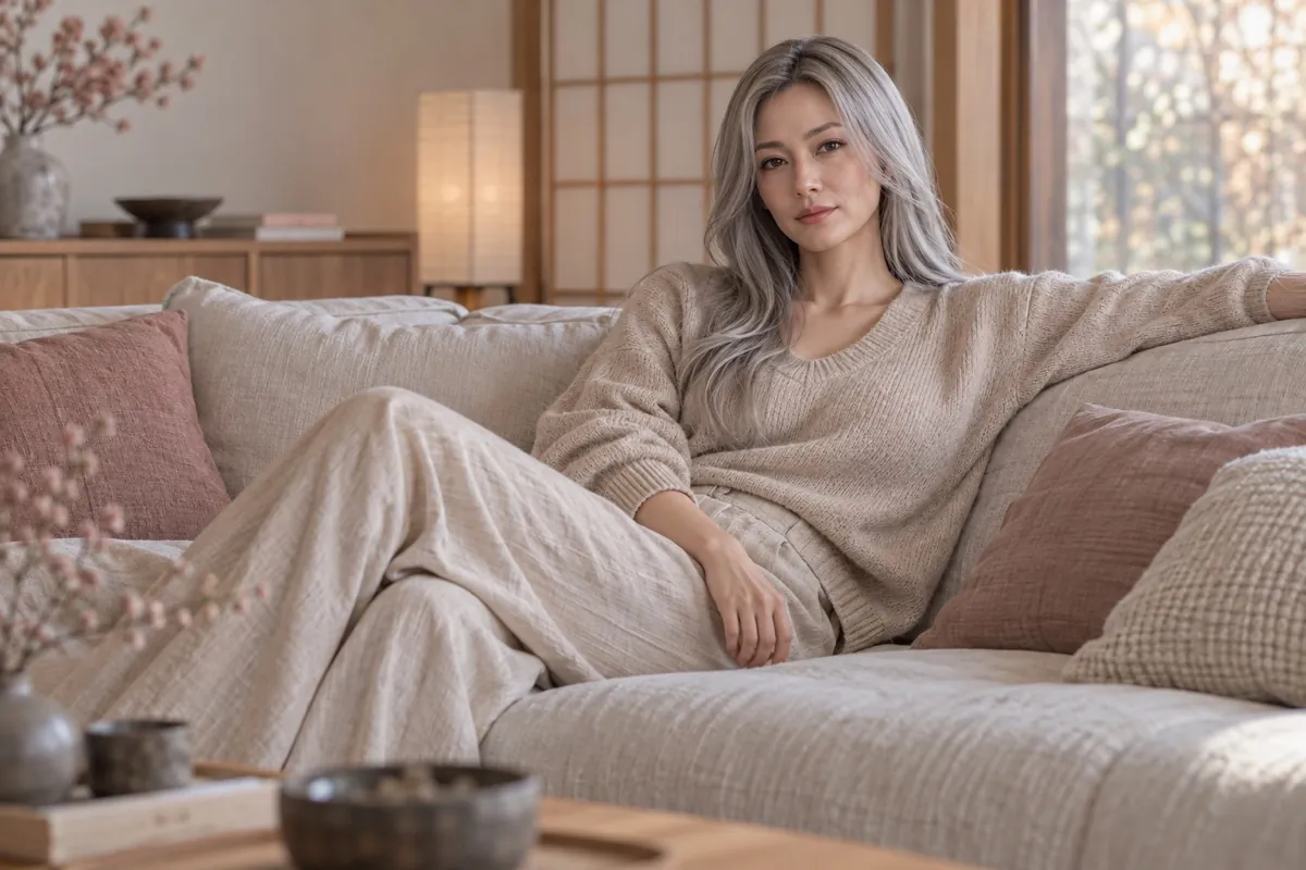 Silicone doll with silver-grey hair in a beige sweater reclining on a linen sofa